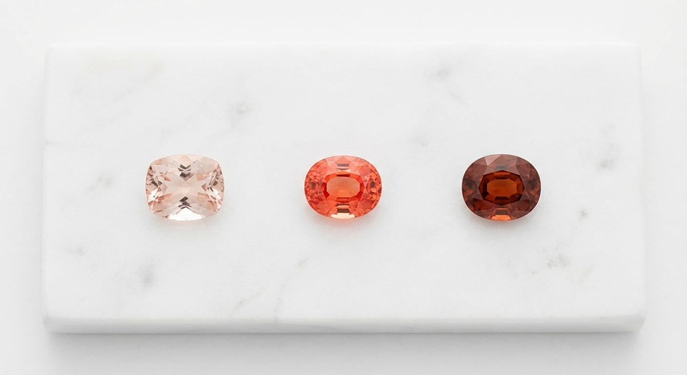 تنسيق جميل مسطح يظهر طيف ألوان المرجان ممثلة بأحجار كريمة مختلفة، من المورغانيت الوردي الخوخي الناعم إلى ياقوت بادبارادشا البرتقالي النابض.