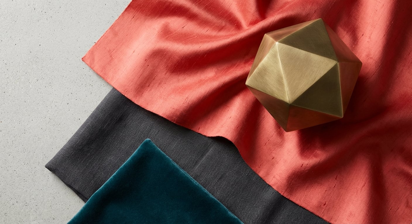 لوحة مزاج أنيقة للمصمم تعرض لوحة ألوان مرجانية متطورة مع لهجات رمادية فحمية وتركواز ونحاسية بملمس فاخر.