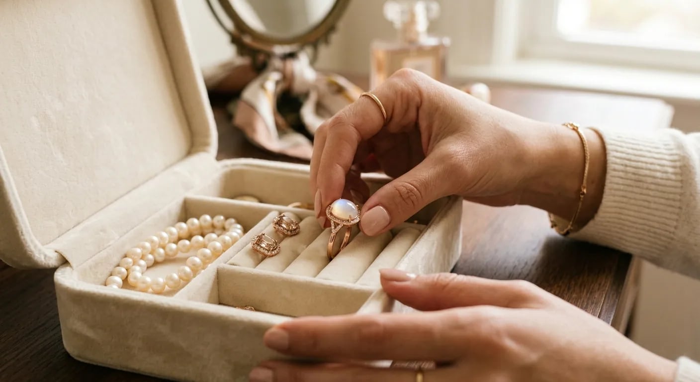 An elegant close-up of a woman gently placing a cream moonstone ring into a velvet lined jewelry box, symbolizing care and preservation.