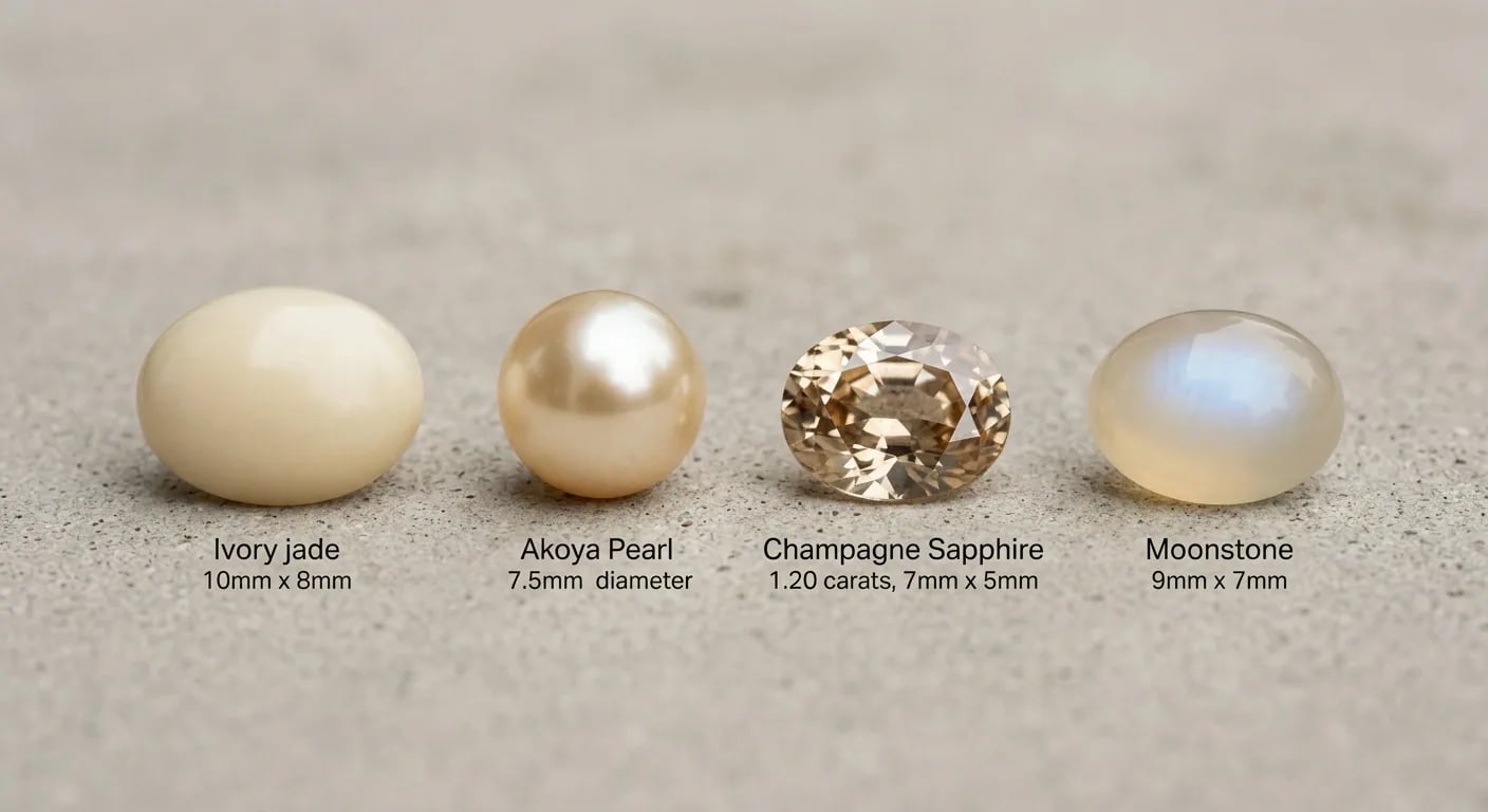 Four distinct cream colored gemstones—ivory jade, vanilla pearl, champagne sapphire, and ecru moonstone—arranged in a row to illustrate the subtle color spectrum.
