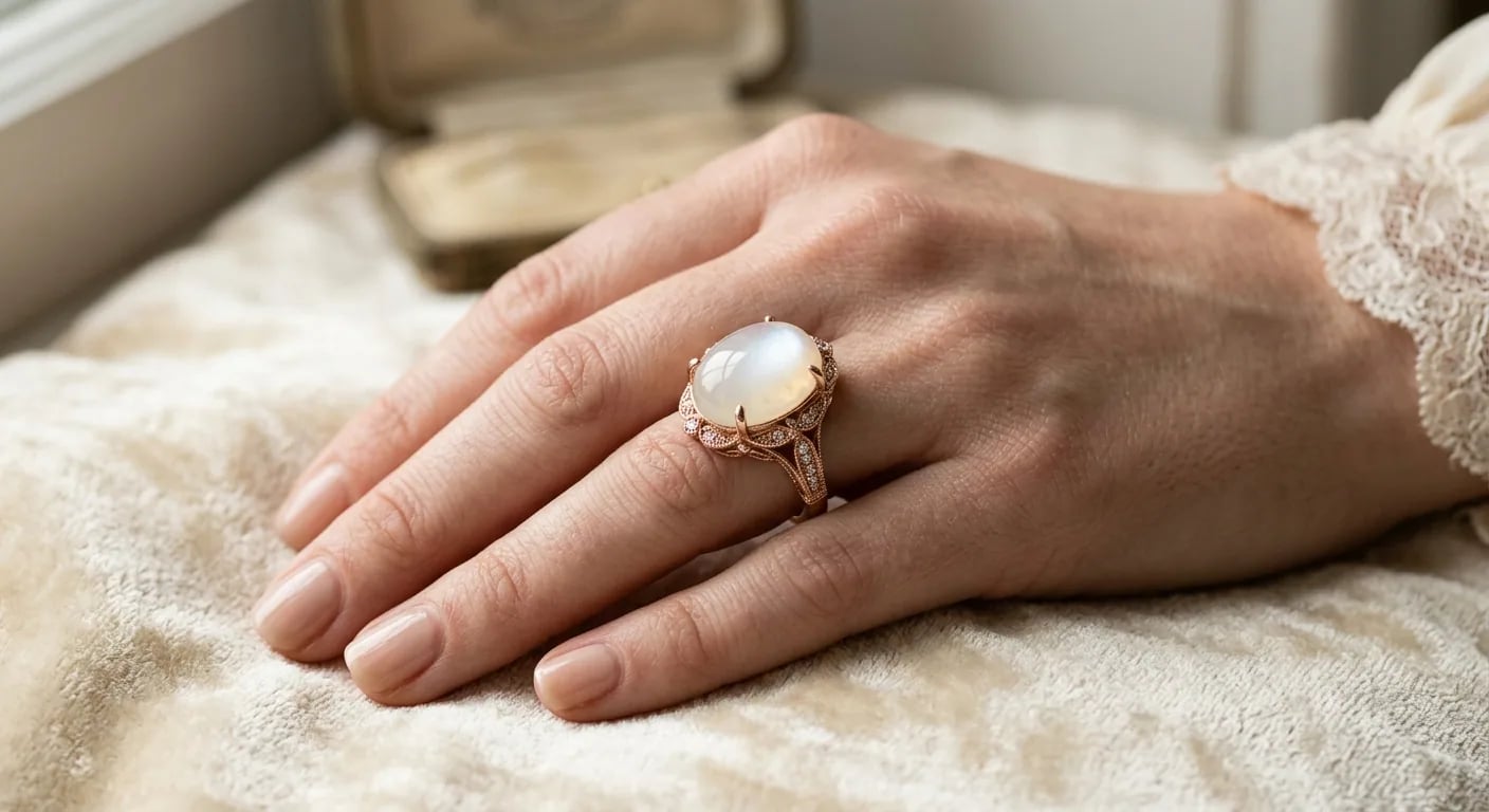 A close-up view of a large, oval cream moonstone cabochon set in a delicate rose gold cocktail ring, showcasing its adularescence.