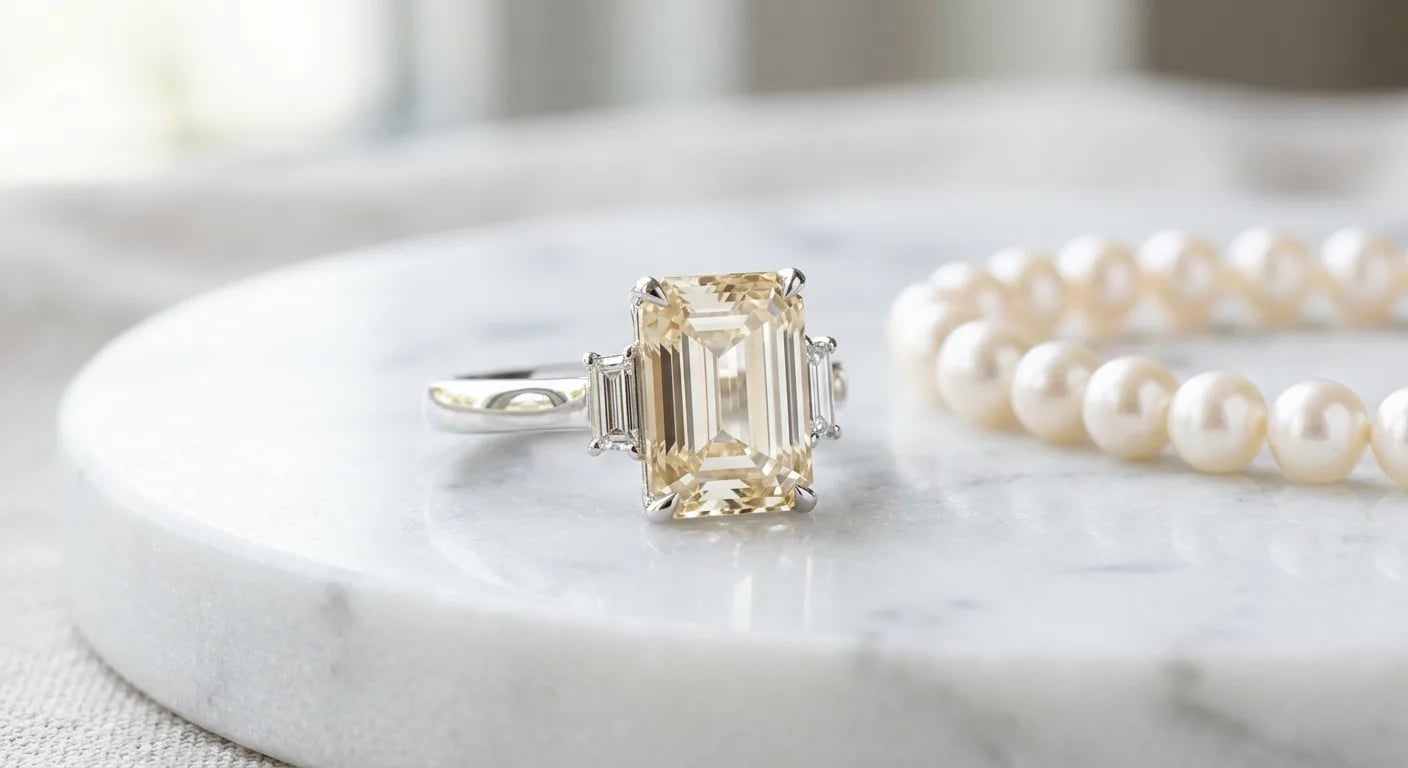 A sophisticated emerald-cut cream sapphire engagement ring set in platinum, positioned next to a delicate strand of pearls to contrast durability.
