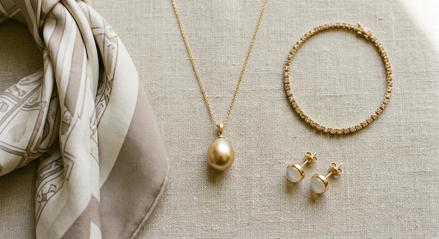 A chic flat lay composition featuring a yellow gold and South Sea pearl necklace, a champagne sapphire bracelet, and a neutral-toned silk scarf, embodying quiet luxury.