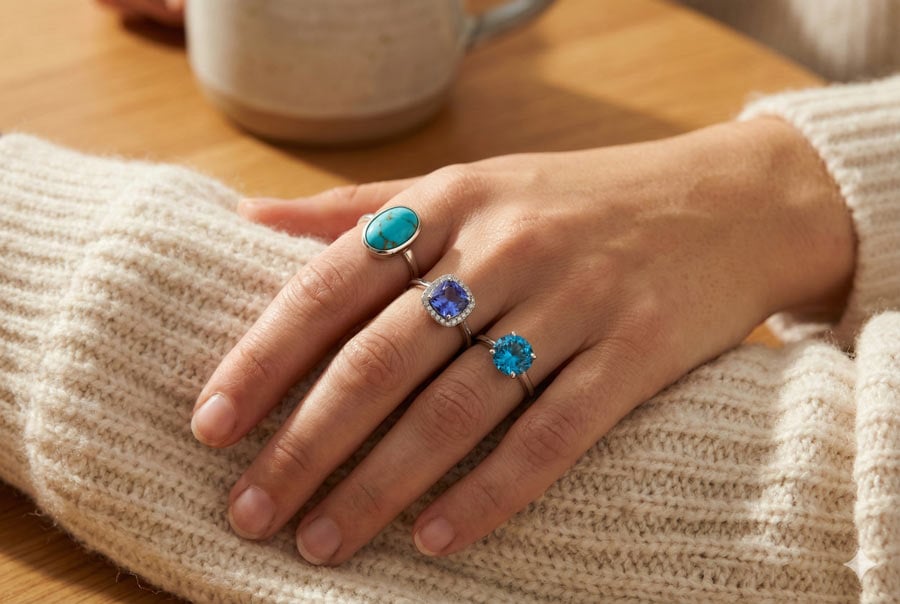 ثلاثة خواتم بأحجار ديسمبر الكريمة: الفيروز في إعداد فضي مغلق، التنزانيت في هالة ذهب أبيض، الزركون الأزرق في إعداد مخلبي