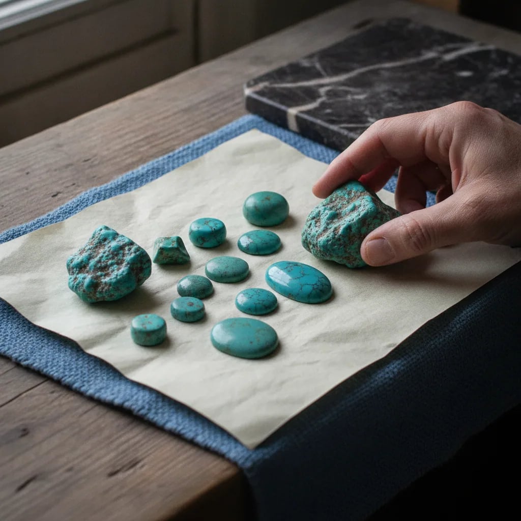 Clean sky-blue and spiderweb matrix turquoise cabochons compared on paper