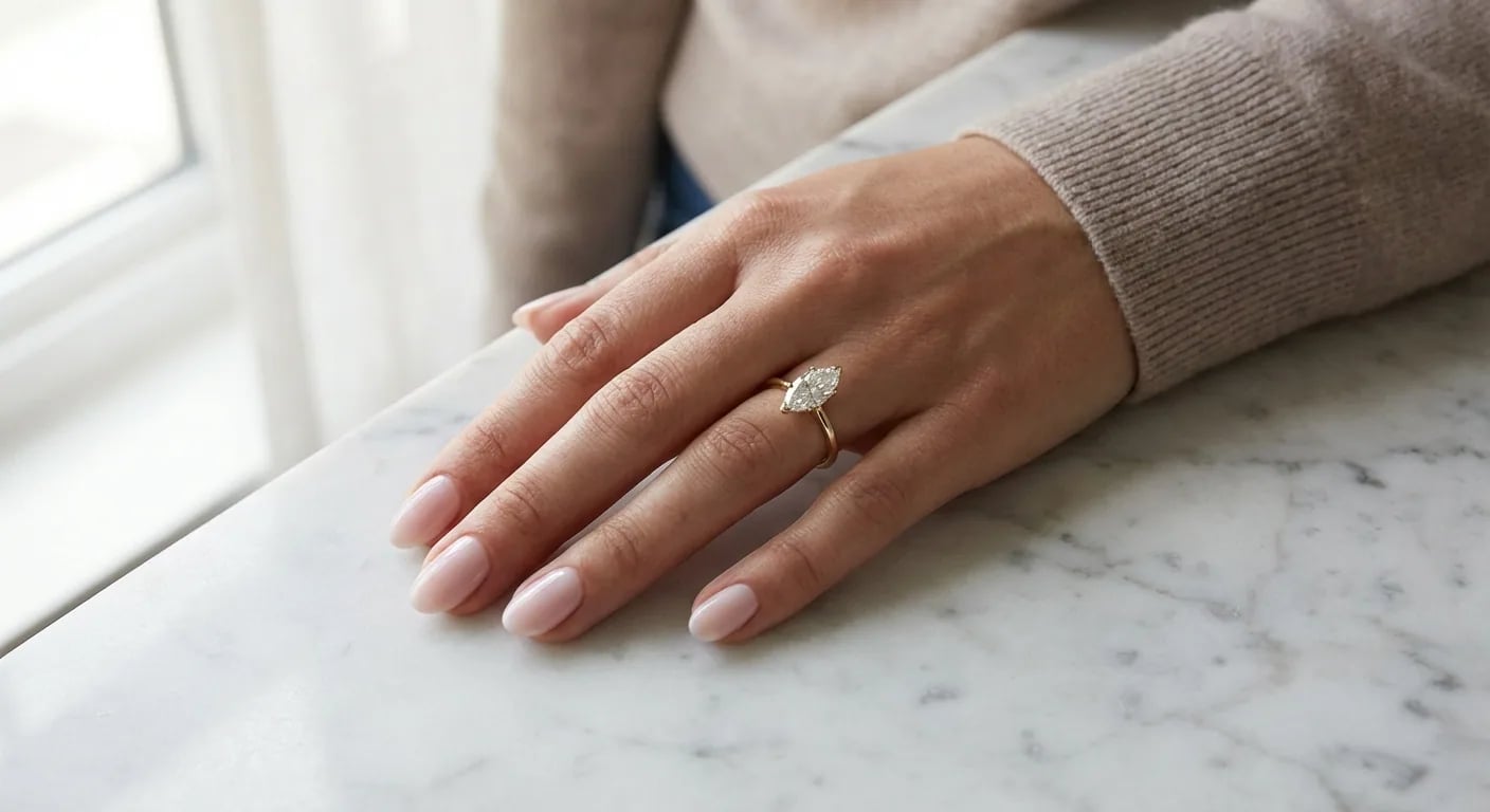 A woman's elegant hand wearing a classic marquise diamond ring, demonstrating how the shape elongates the finger.