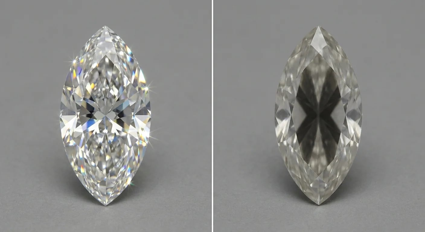 A comparison of two marquise cut diamonds: one with minimal bow-tie and high brilliance, and one with a severe, dark bow-tie effect.