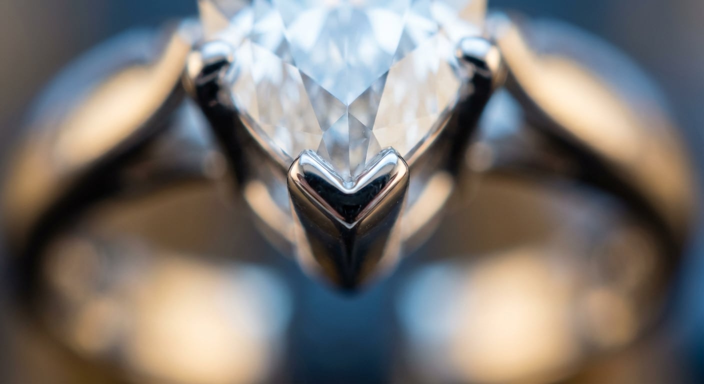 Макросъёмка оправы с V-образными крапанами, надёжно удерживающей хрупкий конец бриллианта огранки маркиз.