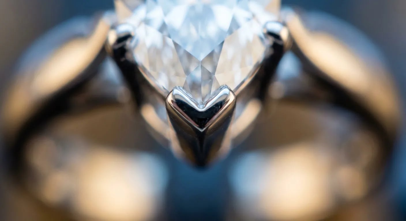A macro close-up of a V-prong setting securely holding the delicate point of a marquise cut diamond.