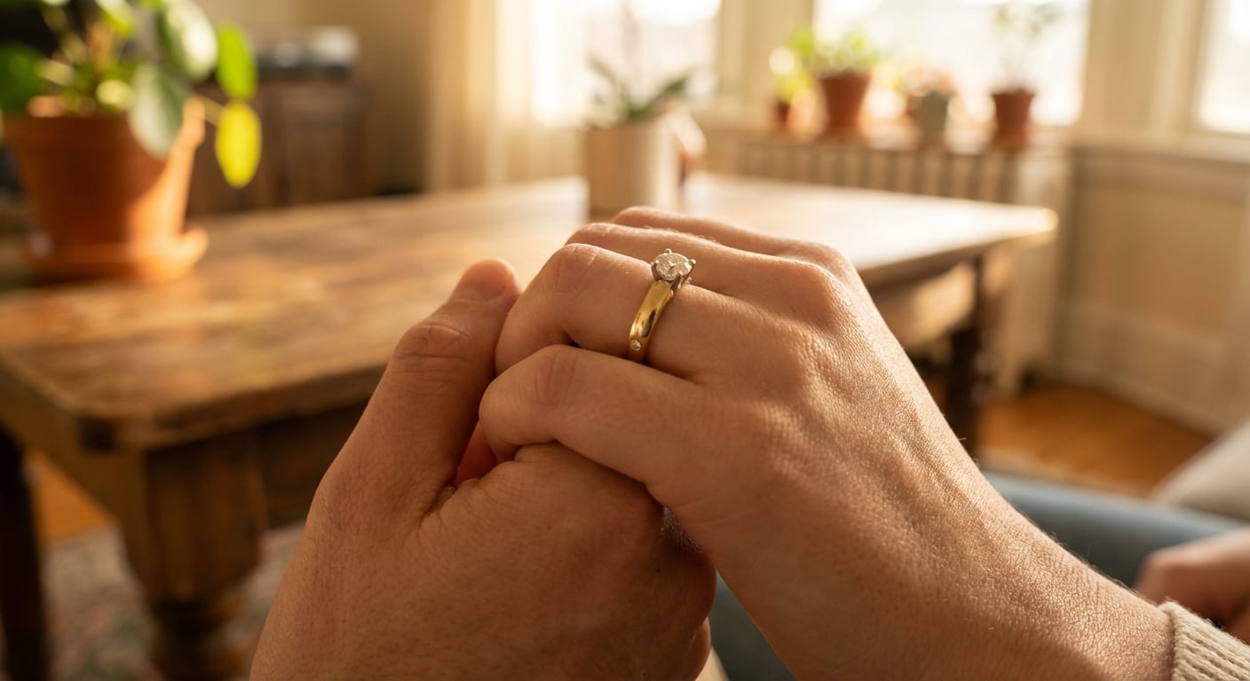 A couple's hands intertwined, showing the inside of an engagement ring with a meaningful secret diamond, symbolizing their private bond.