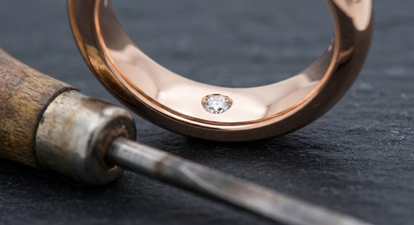 An extreme macro view of a flush-set diamond inside a ring band, showcasing expert jewelry craftsmanship and a secure setting.