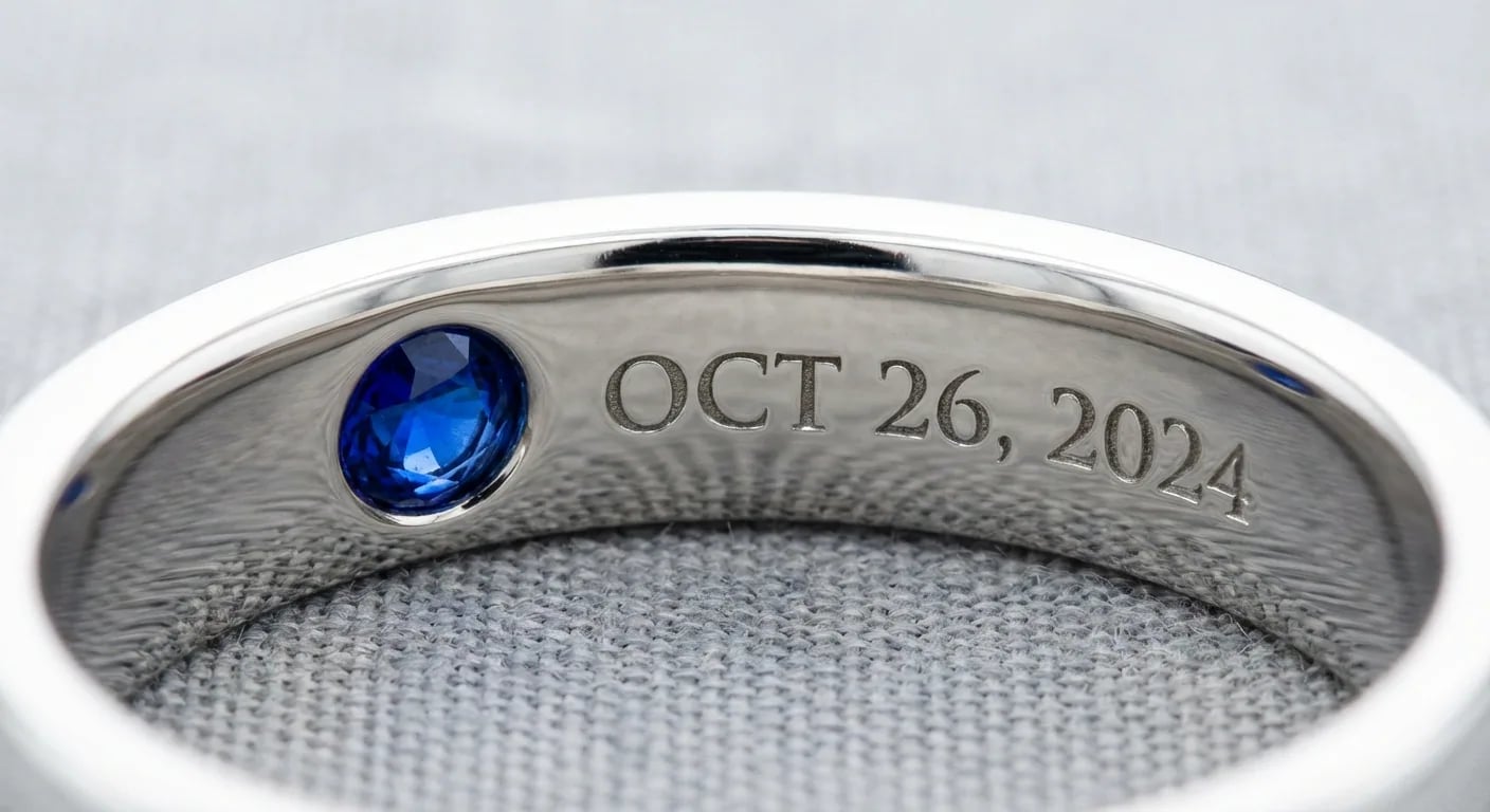 A custom jewelry design featuring a secret sapphire birthstone set next to an engraving on the inside of a white gold ring.