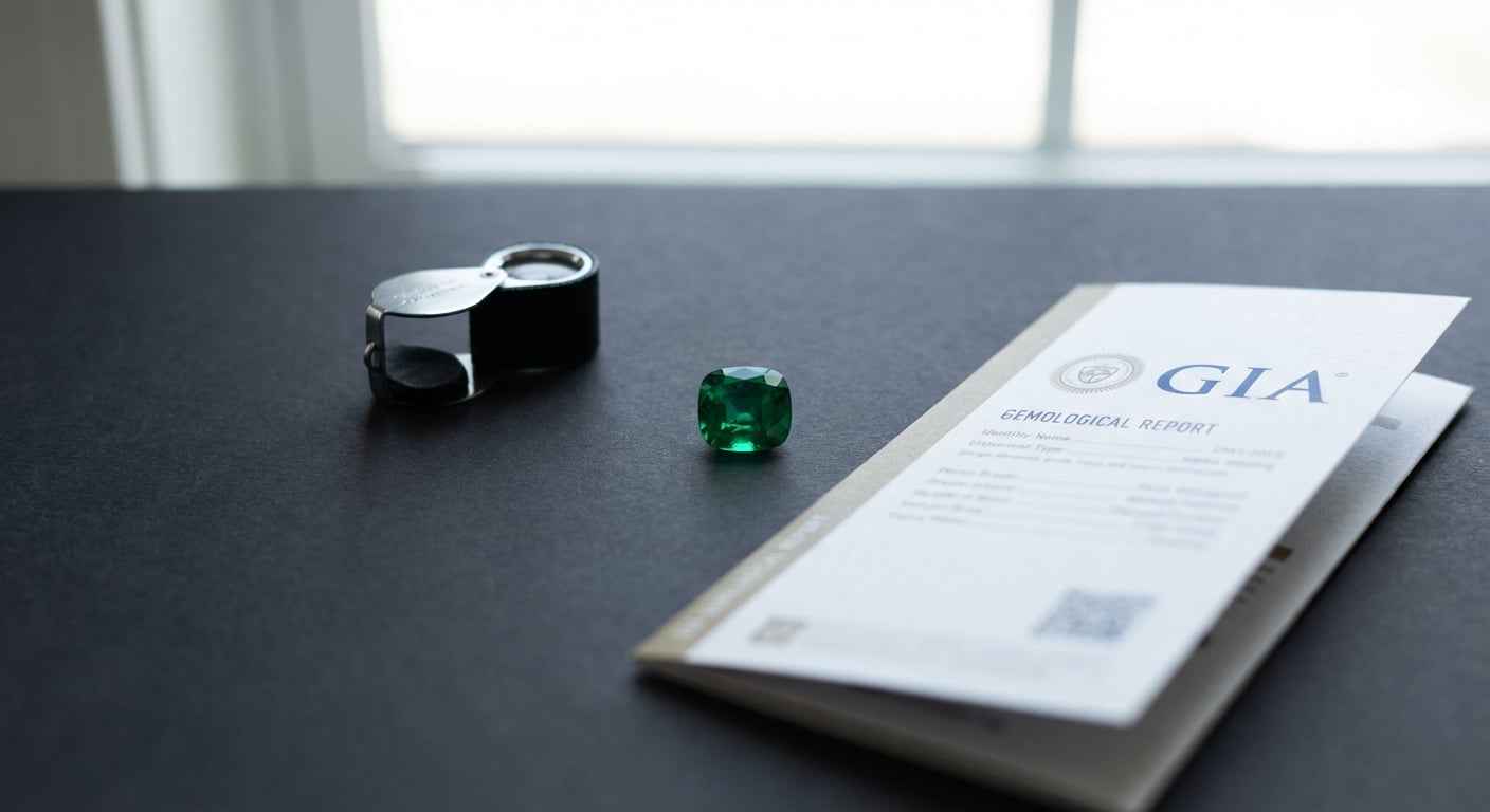 Belle émeraude naturelle présentée aux côtés de son rapport gemmologique officiel GIA, garantie d'authenticité pour les acheteurs de bijoux en émeraude.