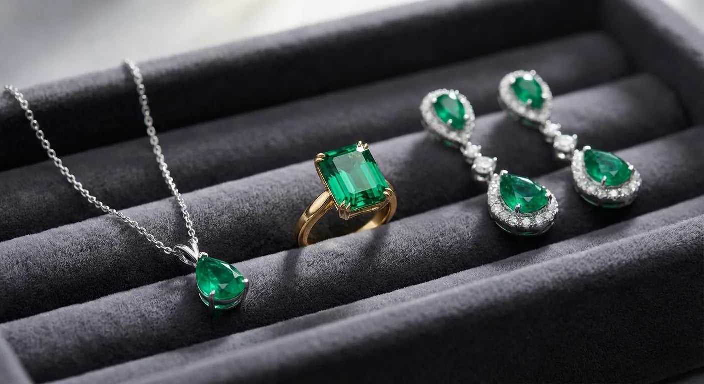 Élégante collection de bijoux émeraude : bague émeraude et diamants, pendentif et boucles d'oreilles sur presentoir de luxe.