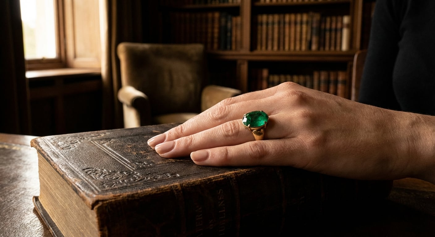 An elegant woman's hand wearing a vintage-style oval emerald engagement ring, resting on an antique, leather-bound book, symbolizing romance and history.