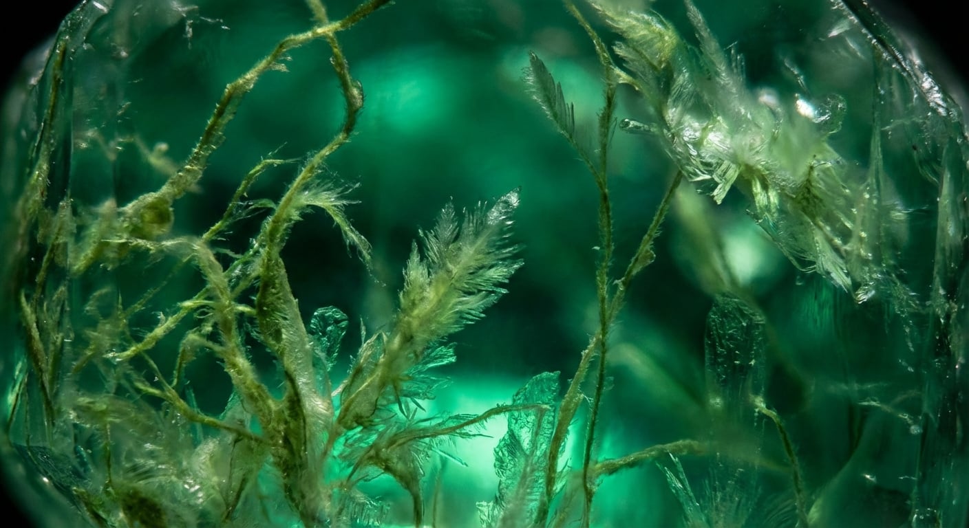 An extreme macro shot of a high-quality emerald, revealing its natural inclusions, known as the 'jardin', which proves its natural origin.