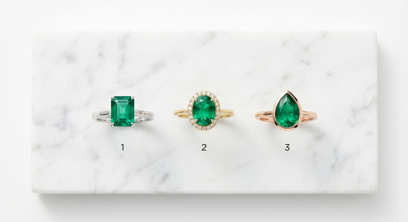 Three different emerald engagement rings—emerald cut, oval, and pear—arranged on a white marble slab to compare popular cuts and settings.