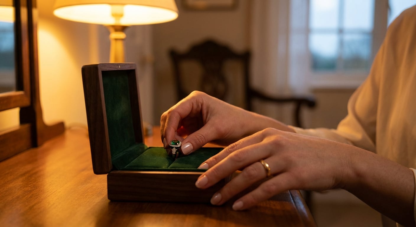 A woman carefully placing her emerald engagement ring into a luxurious velvet-lined jewelry box, illustrating the concept of daily care and protection.
