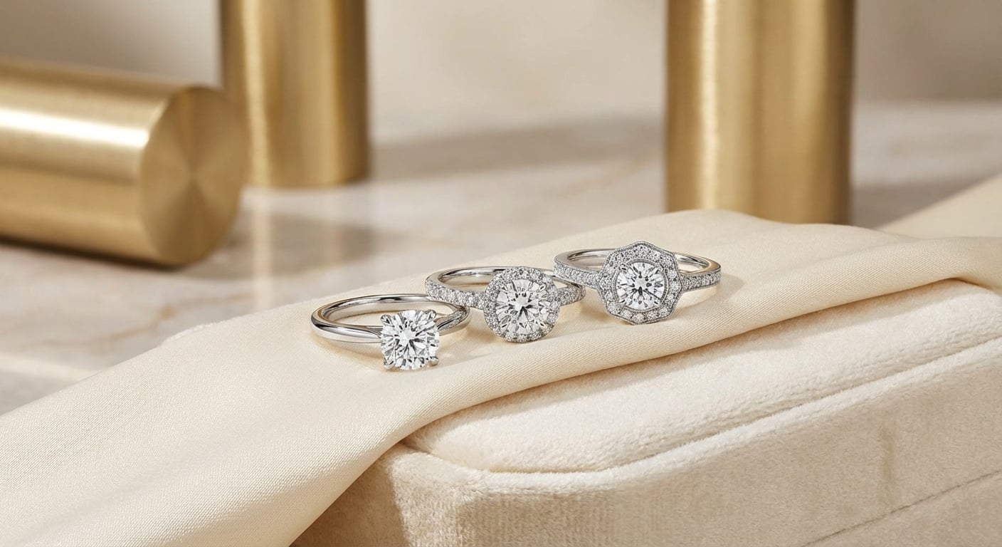 Five engagement ring styles displayed on velvet: solitaire, halo, three-stone, vintage, and bezel settings with certified gemstones