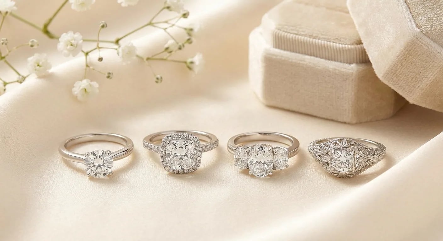 Five engagement ring styles side by side: solitaire, halo, three-stone, vintage filigree, and bezel setting on white gold bands