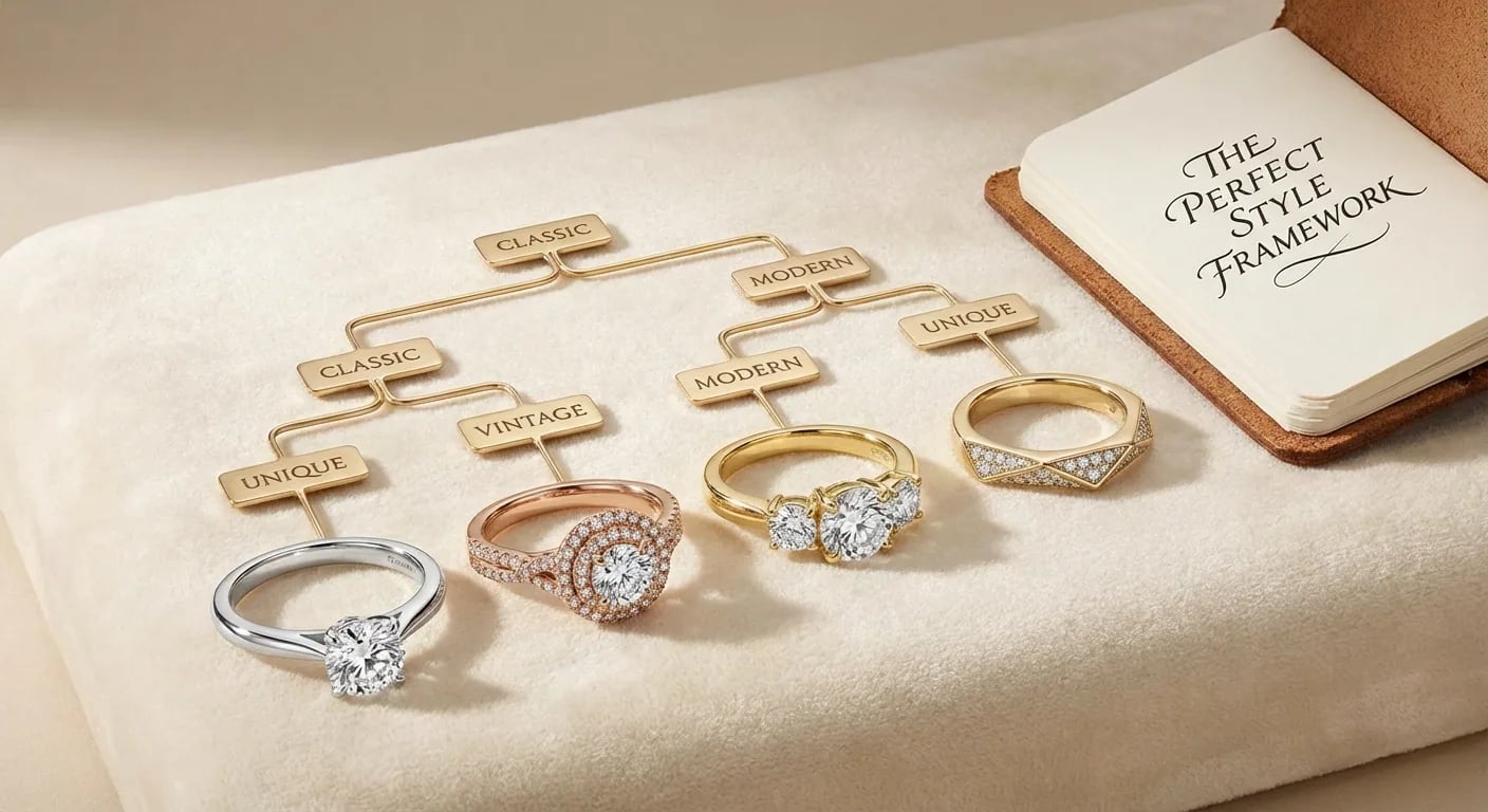Woman trying on different engagement ring styles on her hand, comparing solitaire and halo settings