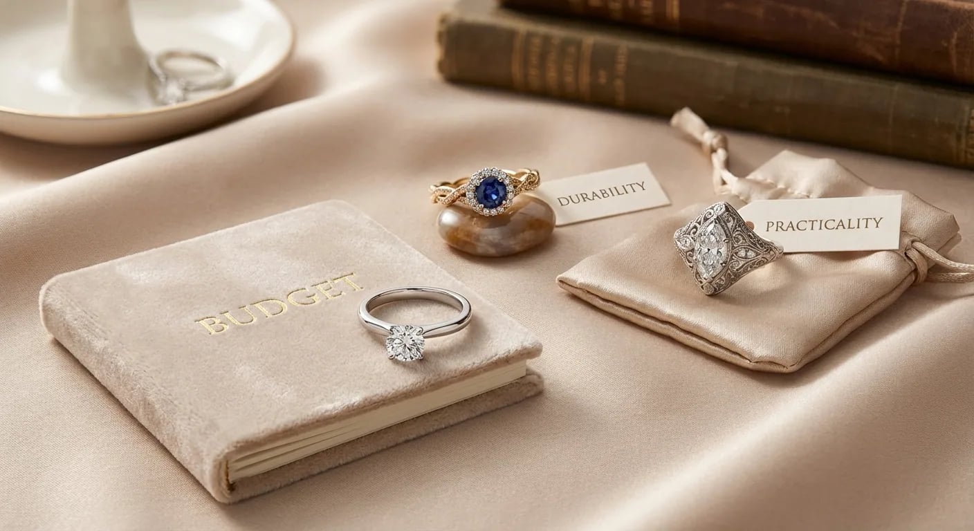 Close-up of bezel set engagement ring next to a halo ring, showing the difference in stone protection and profile height