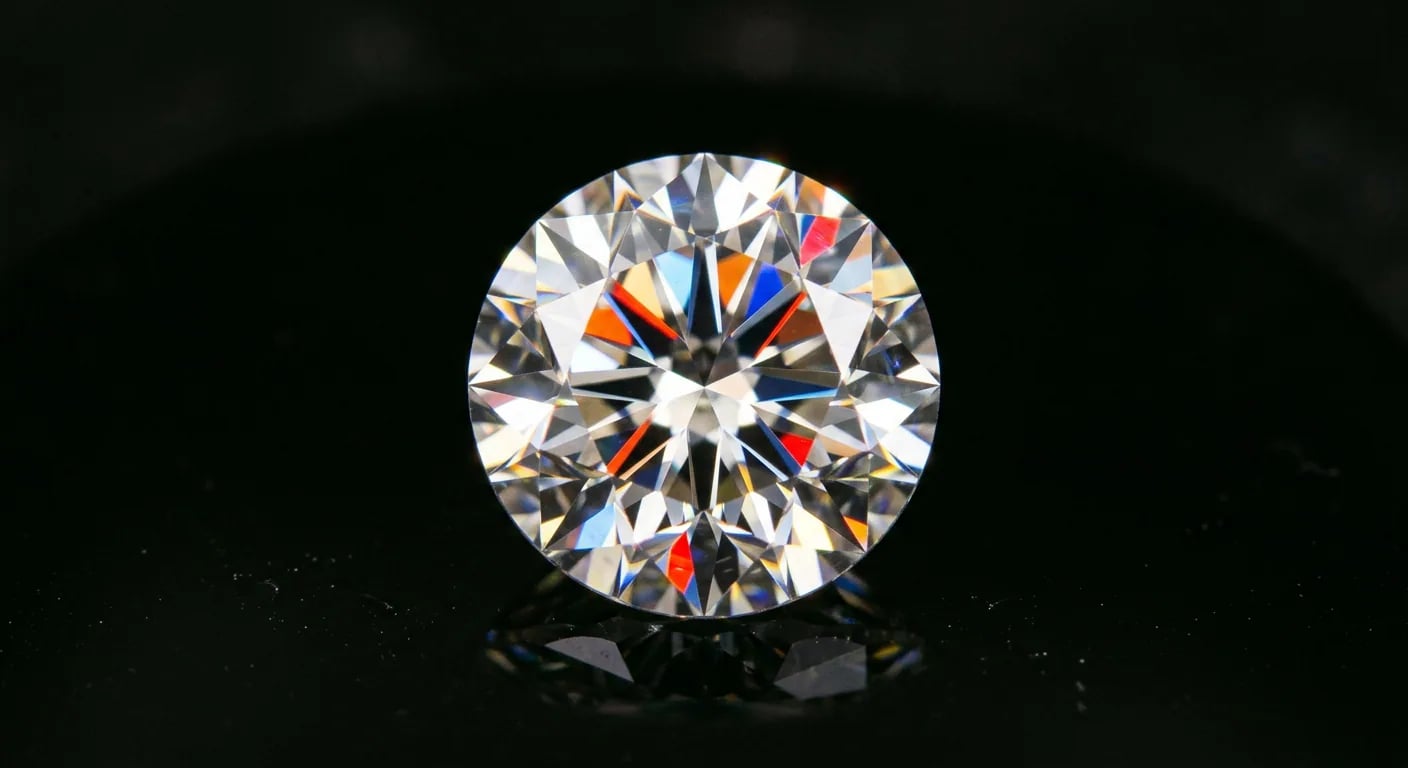 A macro photograph of a loose, ideal-cut diamond, showcasing its complex facets and intense light performance (brilliance and fire).