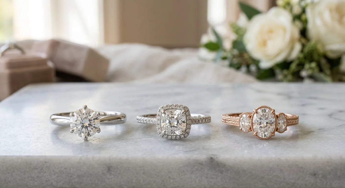 Three engagement rings with different metal settings (platinum, white gold, rose gold) displayed side-by-side on a textured marble surface.