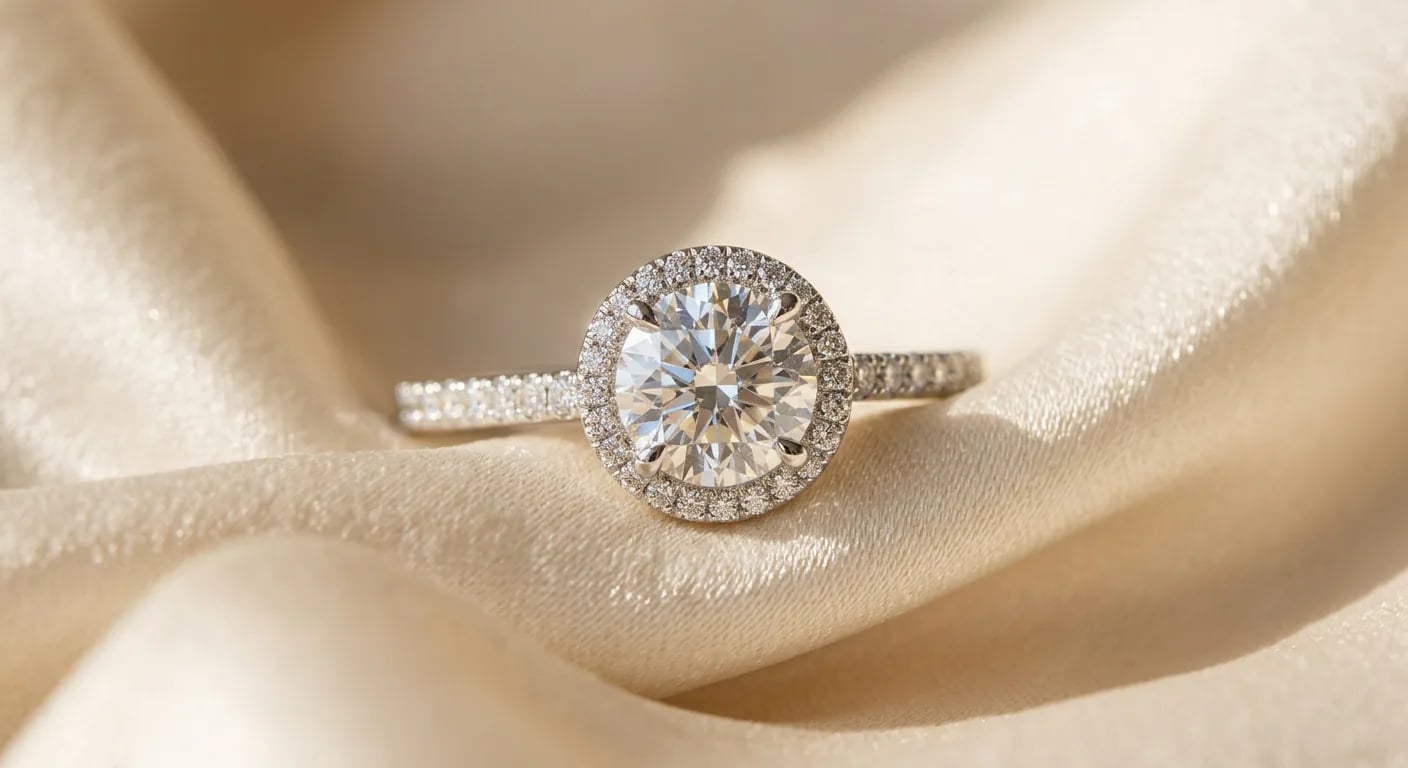 A beautiful halo engagement ring featuring a central diamond surrounded by smaller pavé diamonds, illustrating a high-value style.