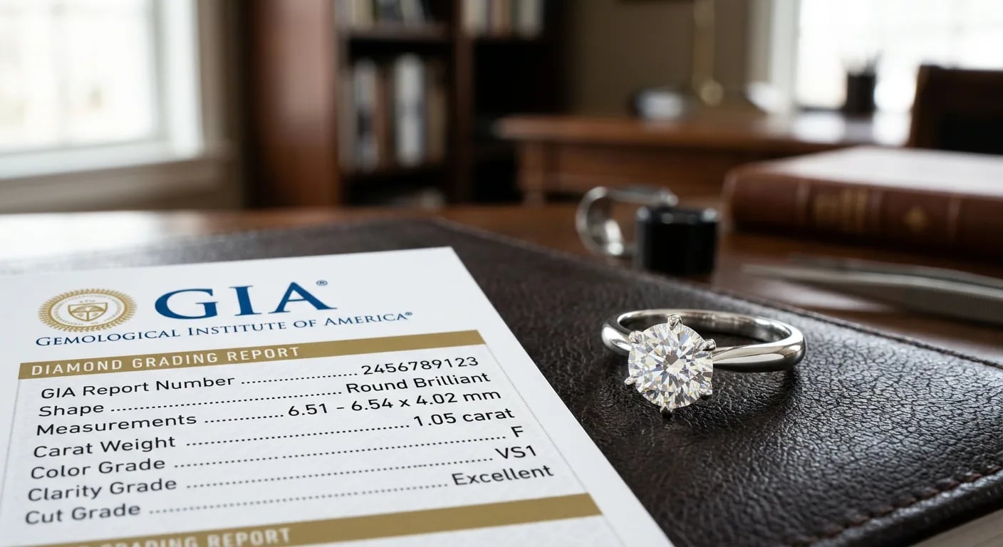 A GIA diamond grading report resting next to a GIA-certified diamond engagement ring on a dark leather surface.