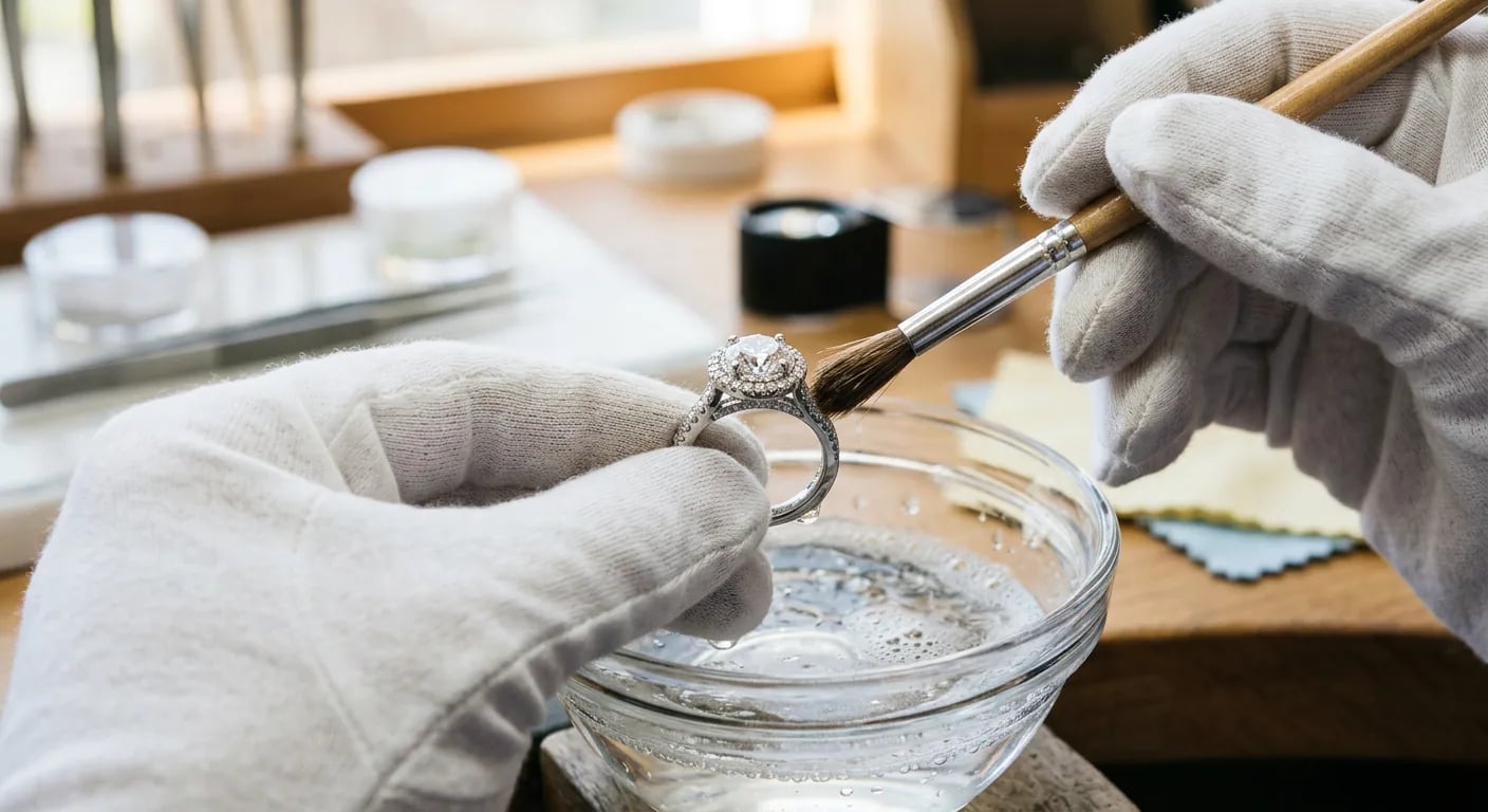 A jeweler's hand gently cleaning a diamond engagement ring with a soft brush and solution, emphasizing care and maintenance.