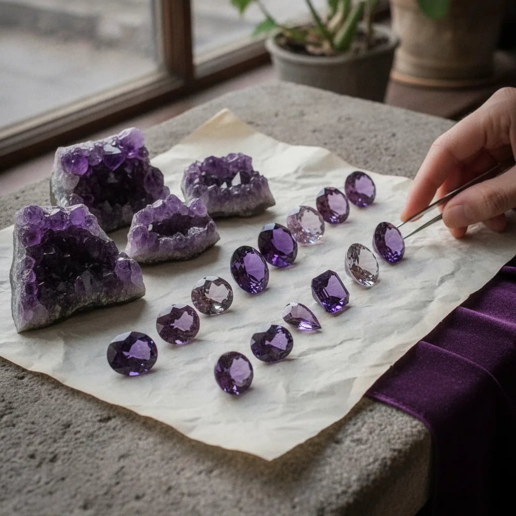 Amethyst quality range from pale lilac to deep purple, geodes behind