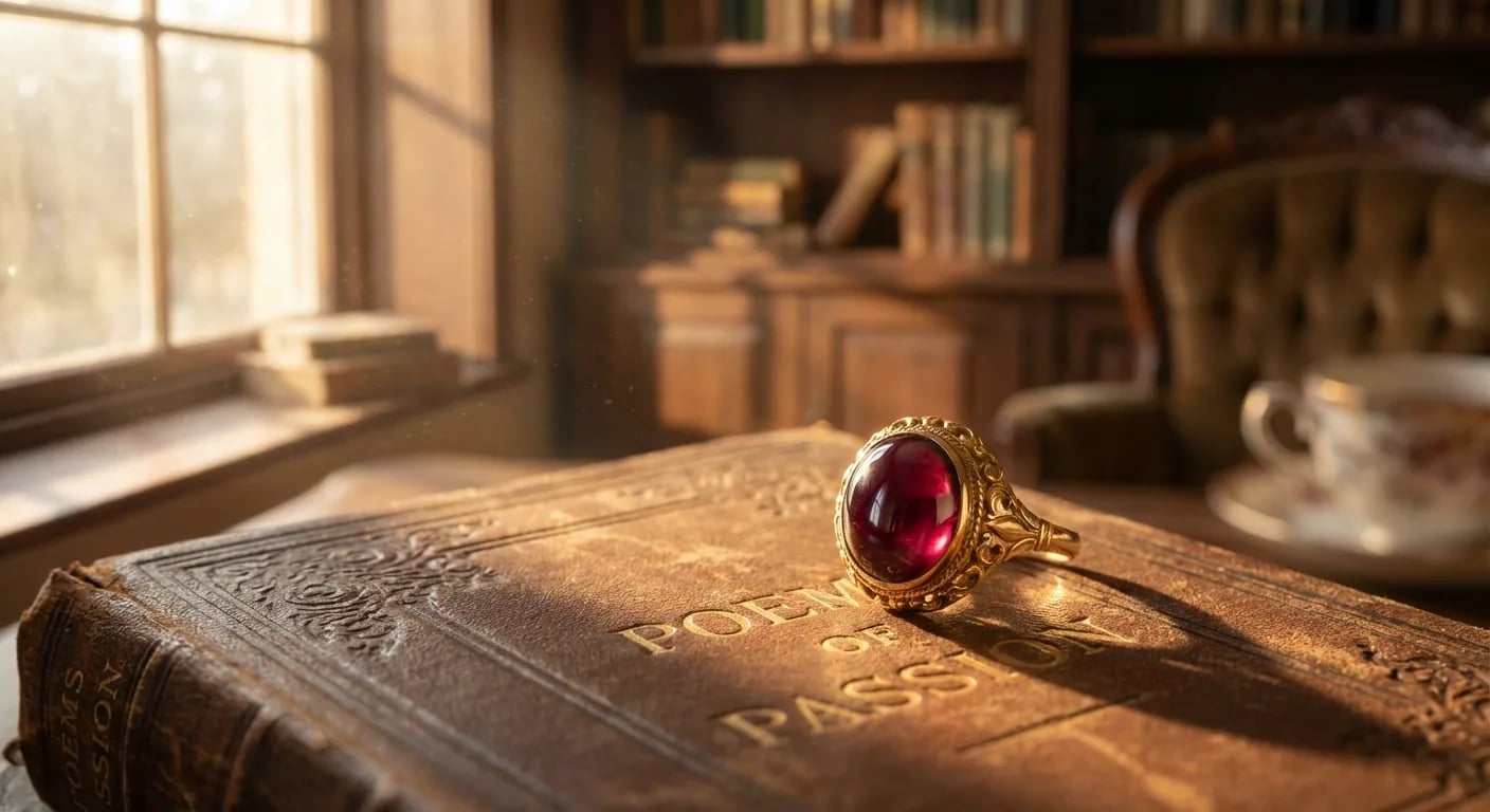 Une bague en grenat de style vintage en or jaune chaleureux, symbolisant la riche histoire et l'héritage de passion de la gemme.