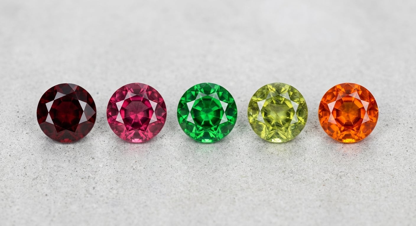 An expert flat lay of the garnet gemstone family, displaying the different colors from red Rhodolite and green Tsavorite to orange Spessartine.