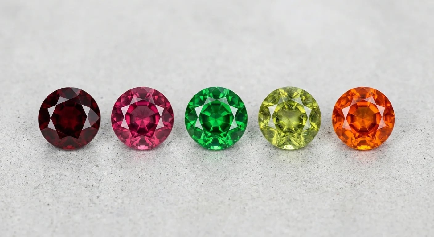 Une disposition experte à plat de la famille des grenats, présentant les différentes couleurs allant du Rhodolite rouge et Tsavorite vert au Spessartine orange.