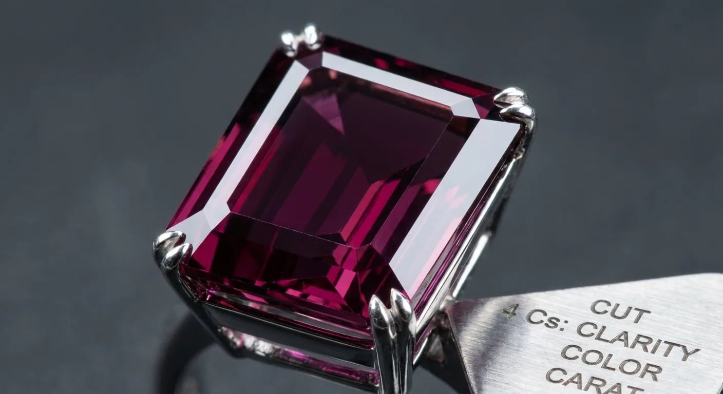 Un gros plan extrême d'un grenat de haute qualité, pur à l'œil nu, mettant en évidence sa taille experte, sa pureté et sa couleur brillante, facteurs clés pour identifier les vrais bijoux en grenat.