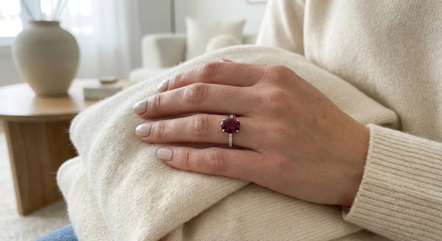 Une femme élégante portant une bague de fiançailles moderne en grenat sertie d'or blanc, démontrant comment styliser les bijoux en grenat pour un look sophistiqué.