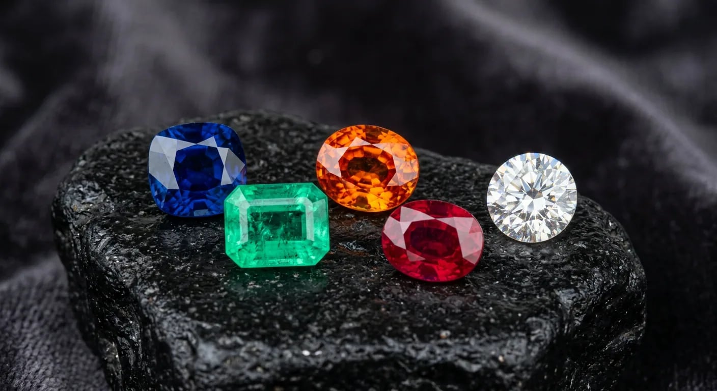 Collection of cut gemstones including sapphire, ruby, and emerald, hand-sourced in Sri Lanka.