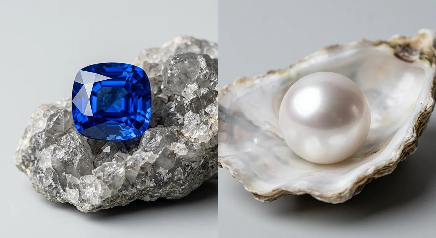 A comparison shot featuring a faceted blue sapphire (mineral gemstone) alongside a lustrous South Sea pearl (organic gemstone).