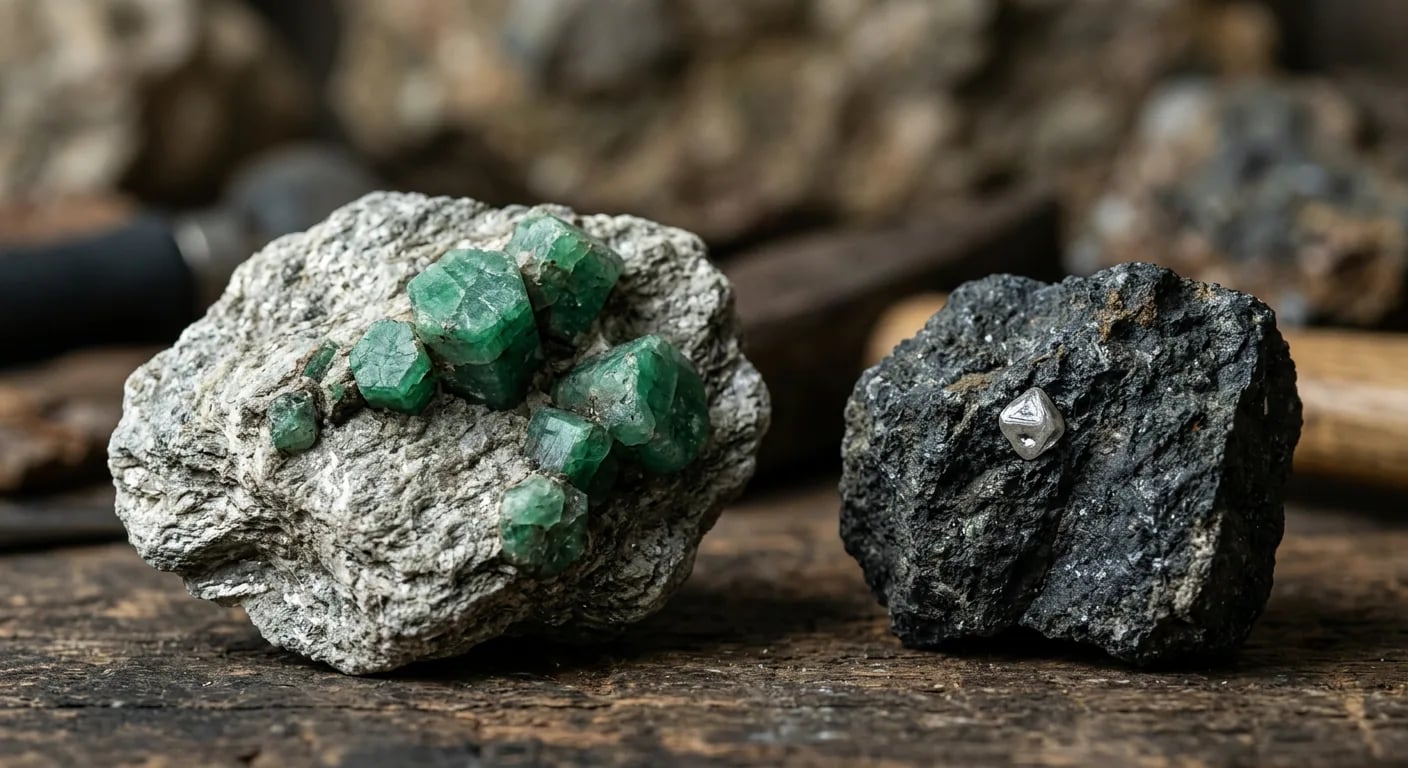 Raw, uncut gemstone crystals embedded in host rock, illustrating natural gemstone formation processes.