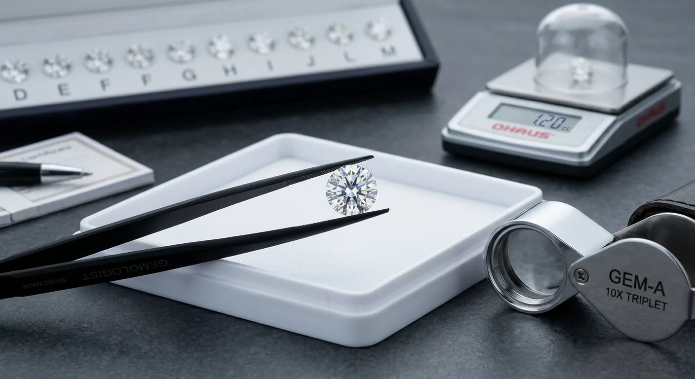 A professional gemologist's setup with a loupe, tweezers, and a high-quality diamond, illustrating the 4 Cs of gemstone evaluation.