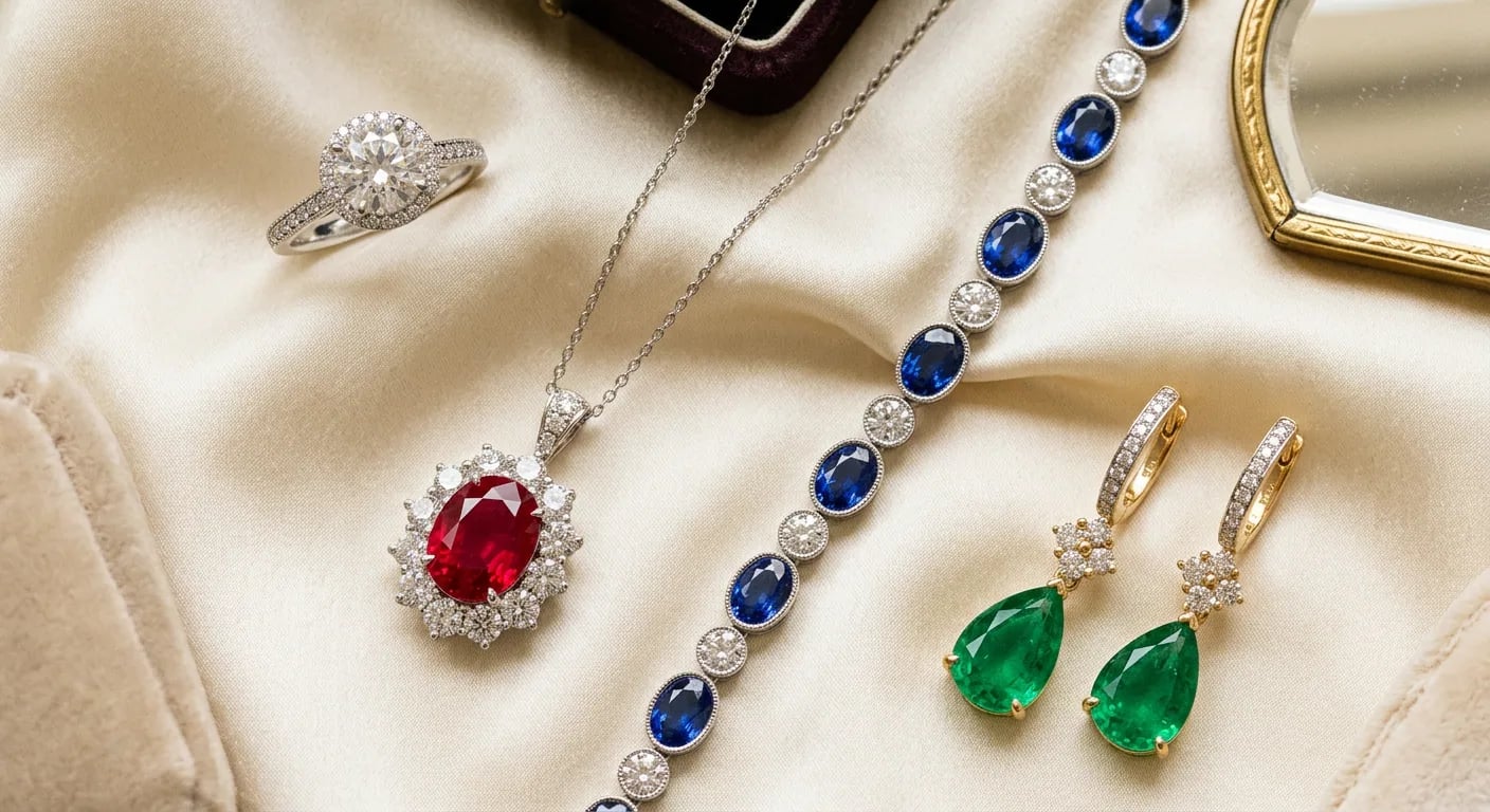 Four exquisite pieces of jewelry featuring the 'Big Four' gemstones: Diamond, Ruby, Sapphire, and Emerald.