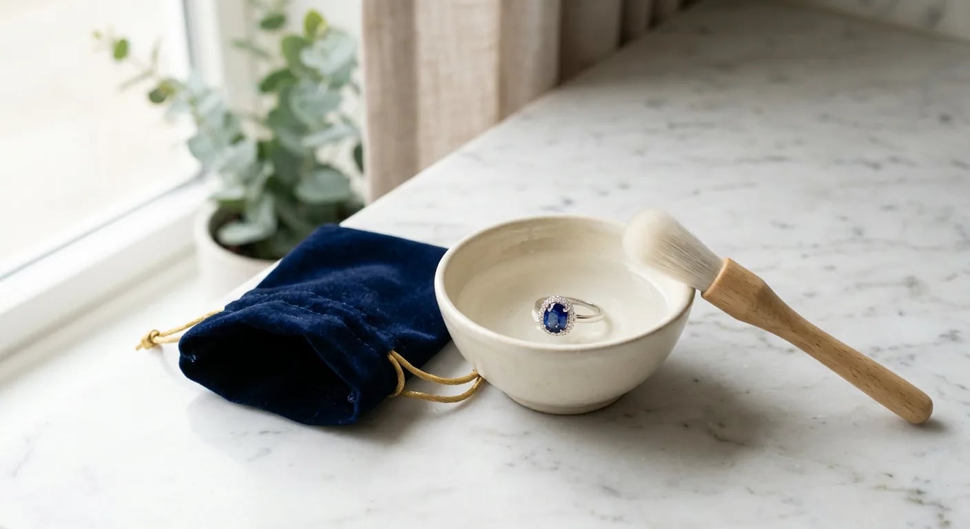 A gentle cleaning setup for gemstone jewelry with a soft brush, mild solution, and a plush storage pouch.
