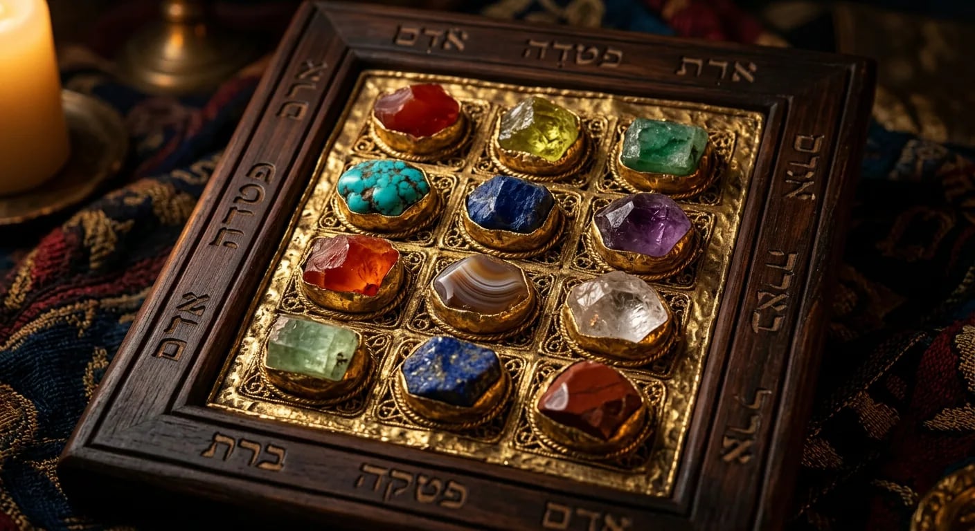 A stylized, luxurious representation of the ancient breastplate of Aaron featuring twelve symbolic gemstones.