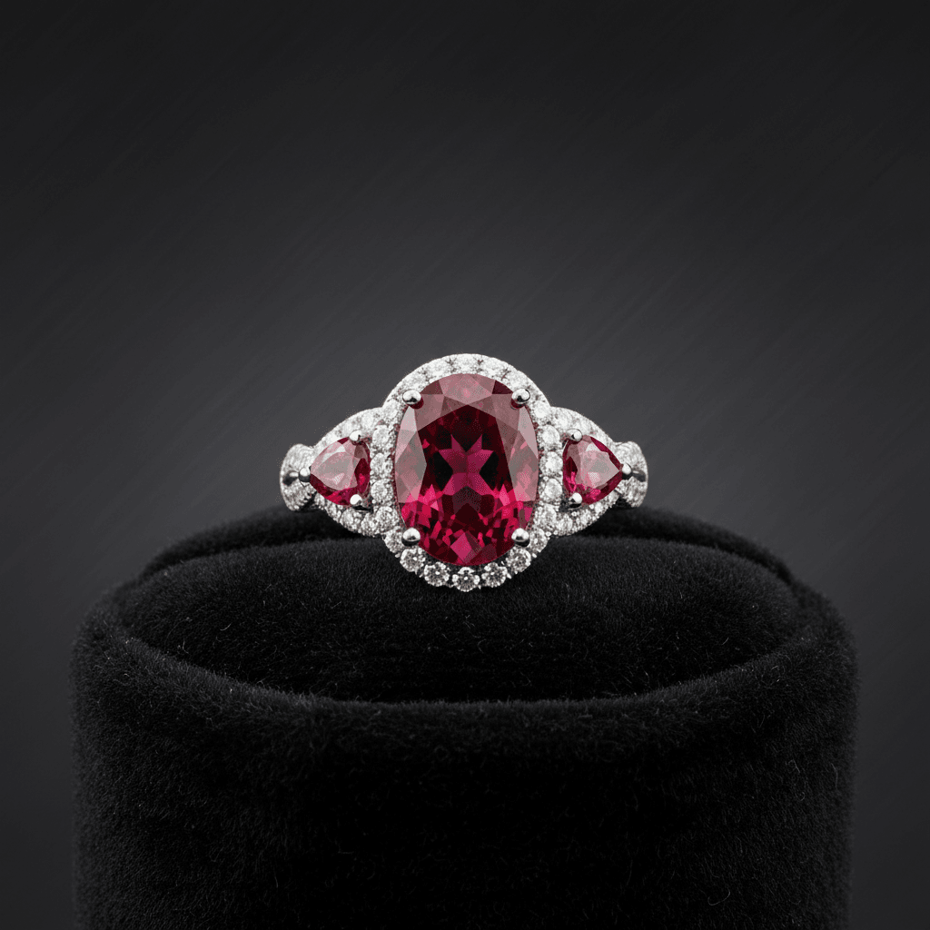 Deep red pigeon blood ruby gemstone showing fluorescent glow under natural light
