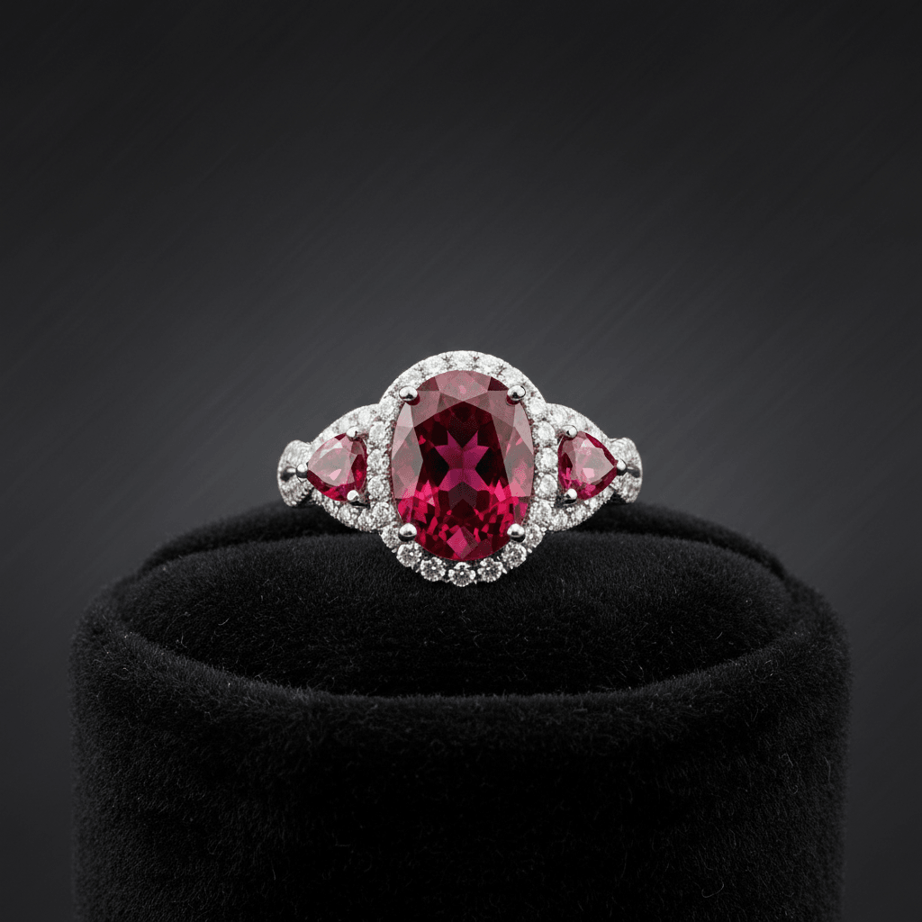 Deep red pigeon blood ruby gemstone showing fluorescent glow under natural light