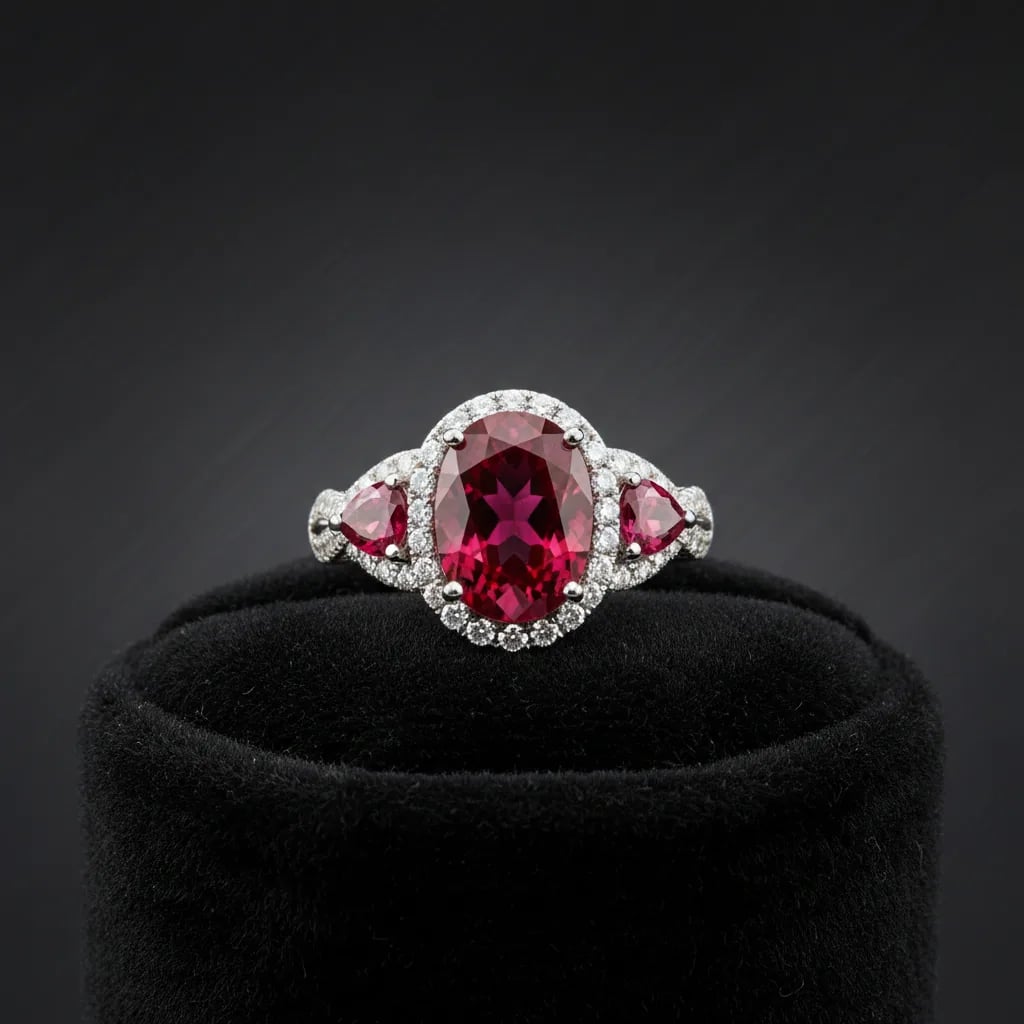 Deep red pigeon blood ruby gemstone showing fluorescent glow under natural light