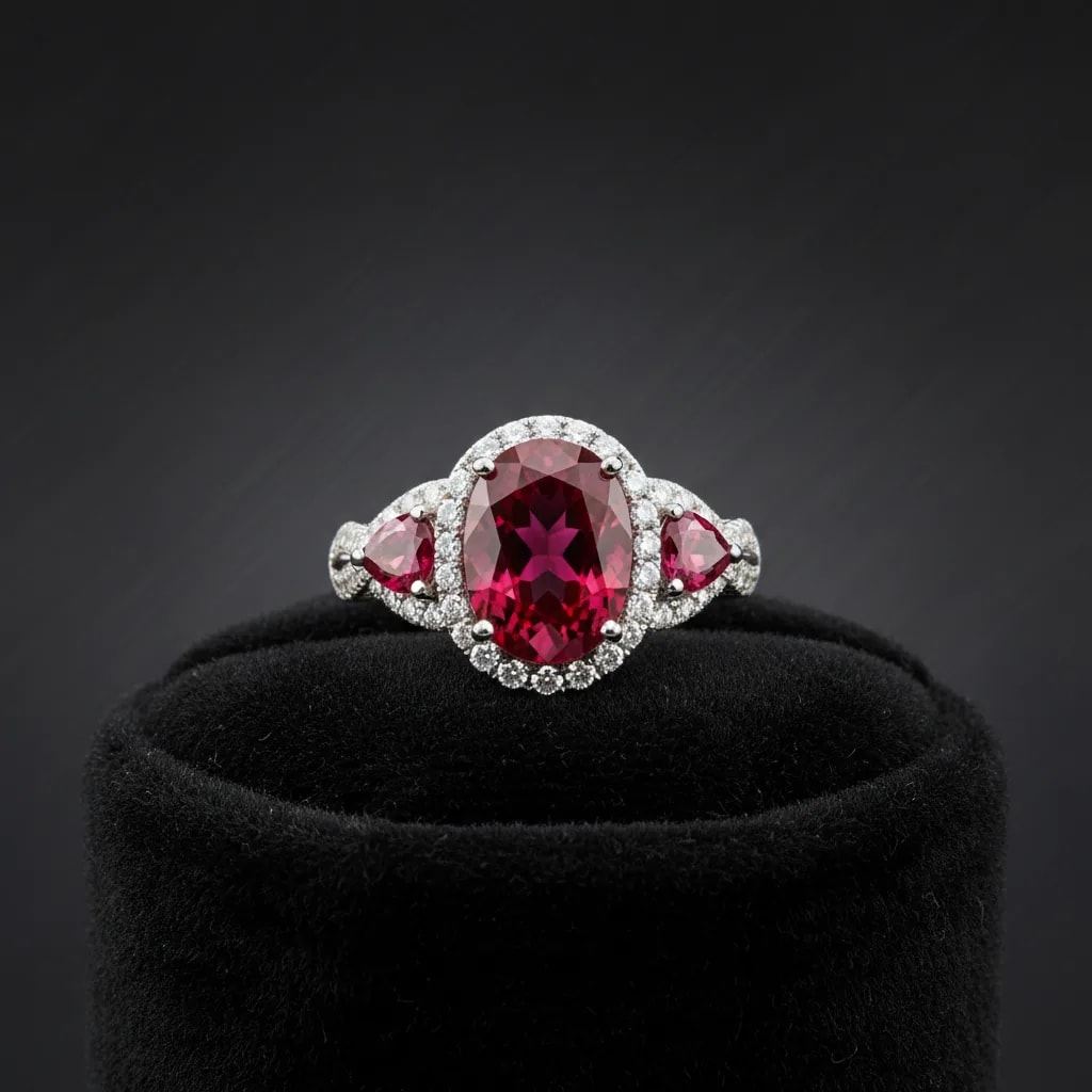 Deep red pigeon blood ruby gemstone showing fluorescent glow under natural light