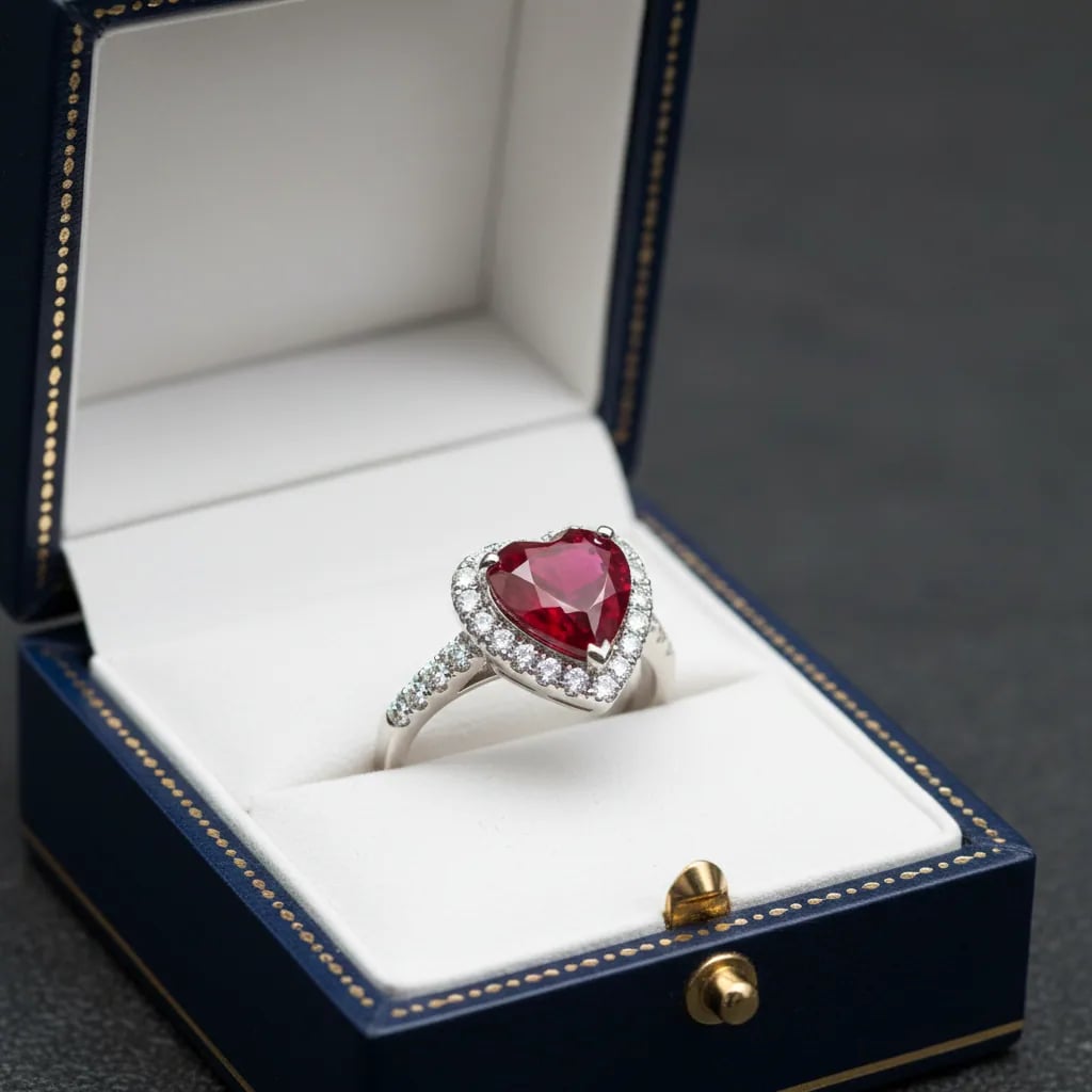 Joalys bespoke heart ruby ring in luxurious presentation box with GIA certificate