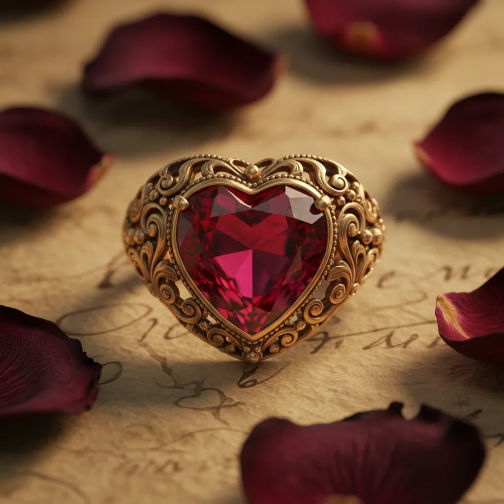 Heart ruby ring symbolism — heart-shaped ruby in vintage Renaissance-inspired gold setting